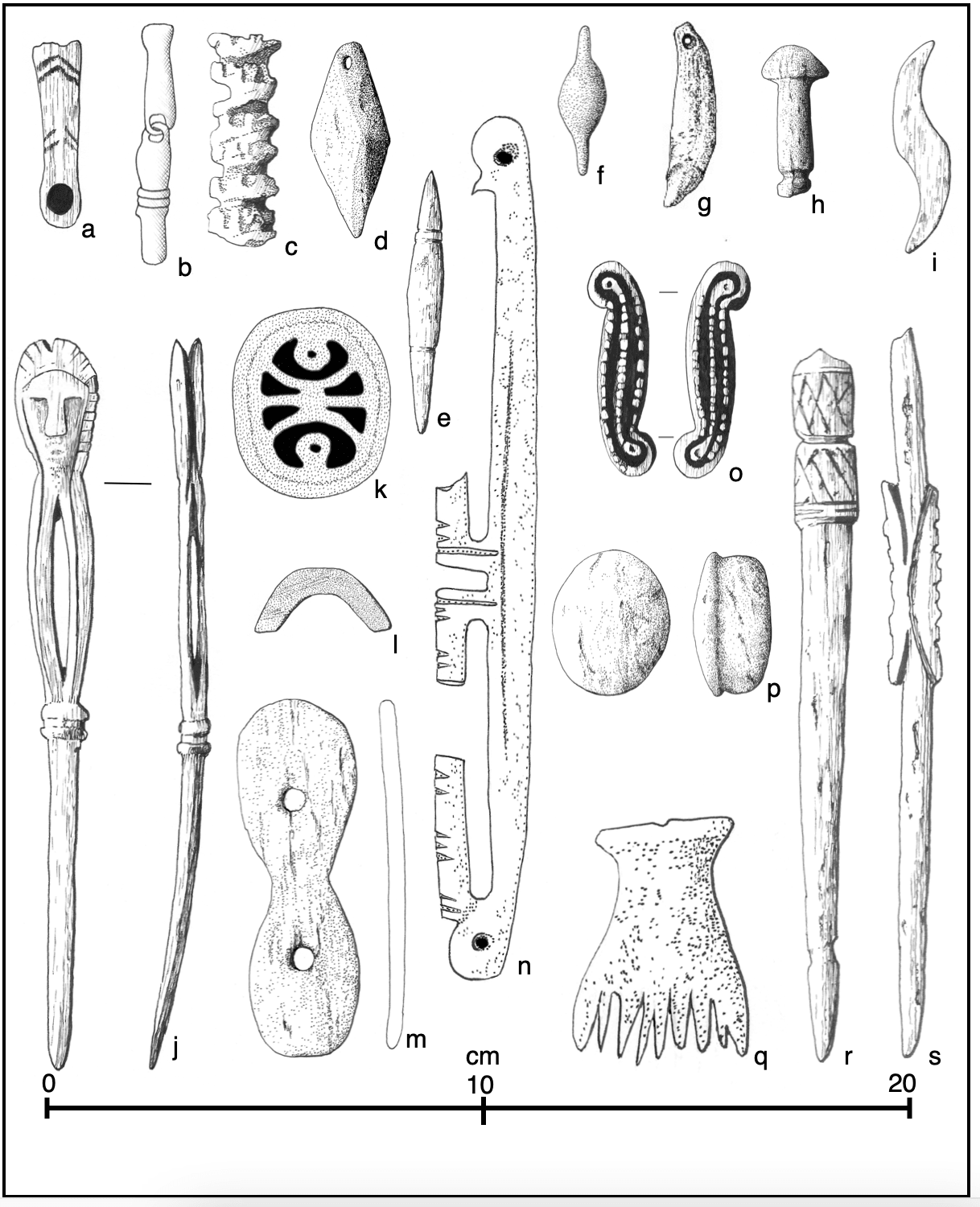 This drawing or image or illustration or depiction of labrets, combs and strange objects