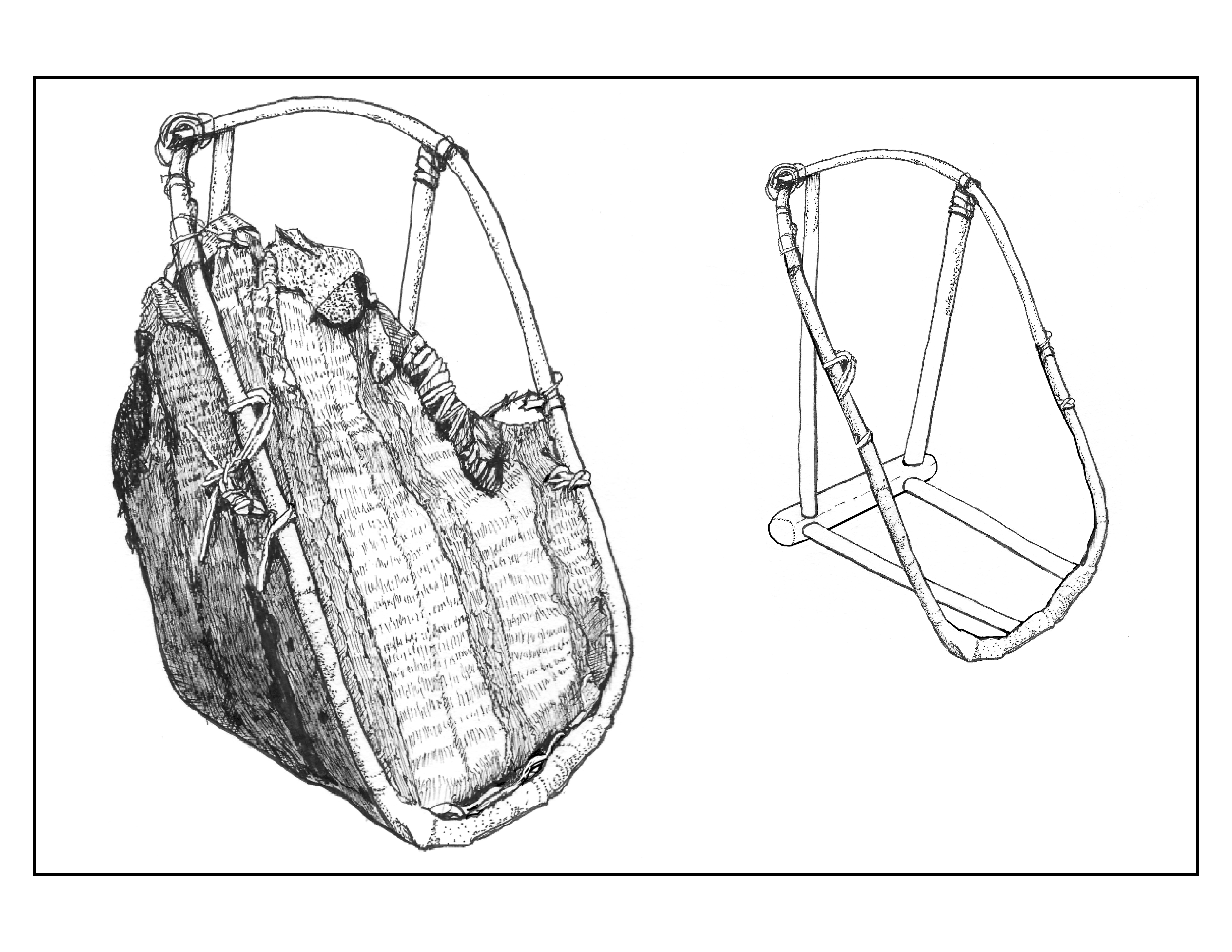 This illustration depicts the cradle with woven rye grass and also its internal frame