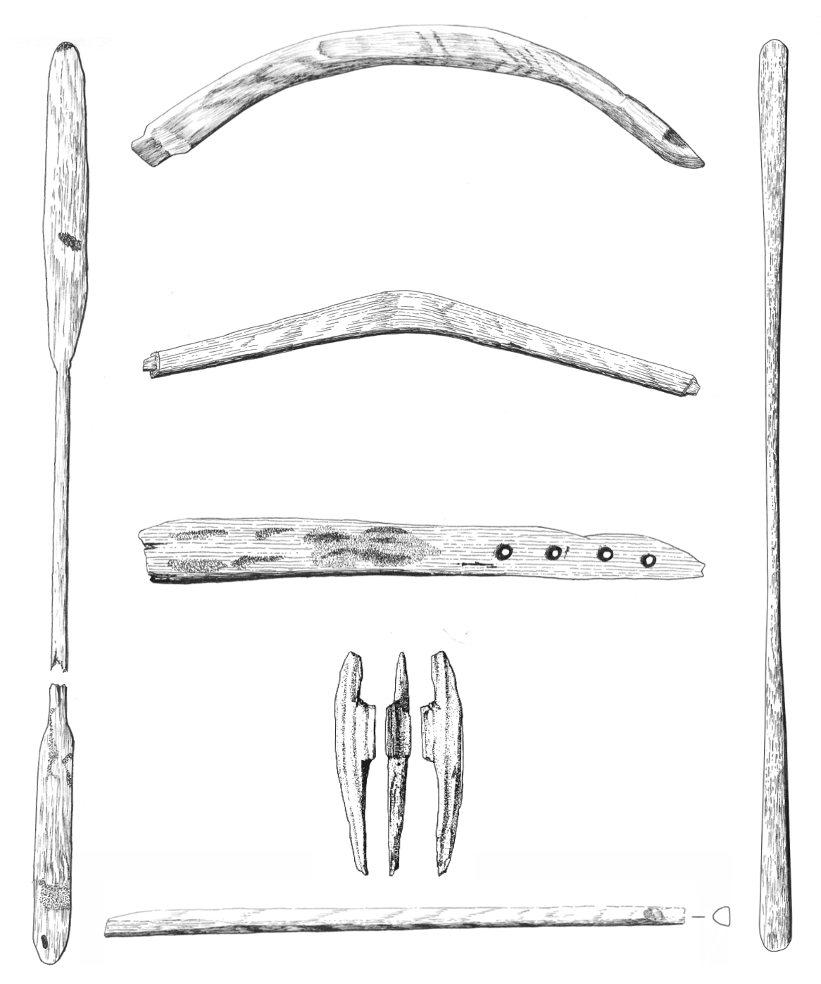 This drawing or image or illustration or depiction shows parts of kayaks though not at scale. Their are paddles, stringers and a deck member.